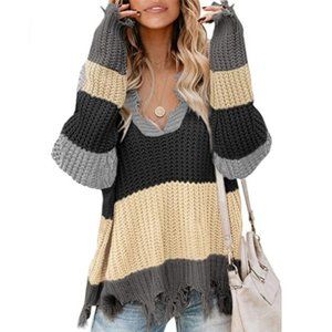 Women Stripe Colorblock V Neck Sweater